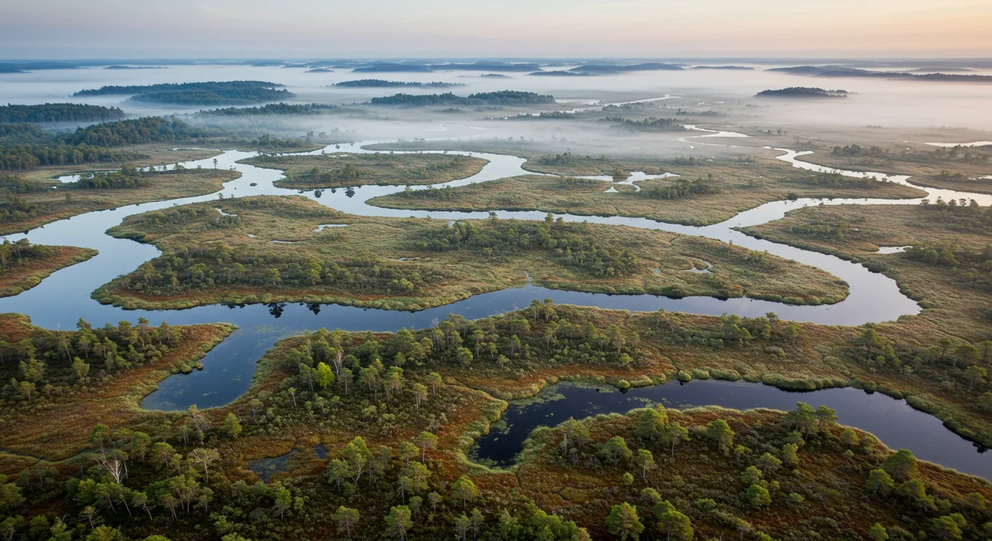 Expansive peatland wetland with waterways and moss-covered ground under misty sky
