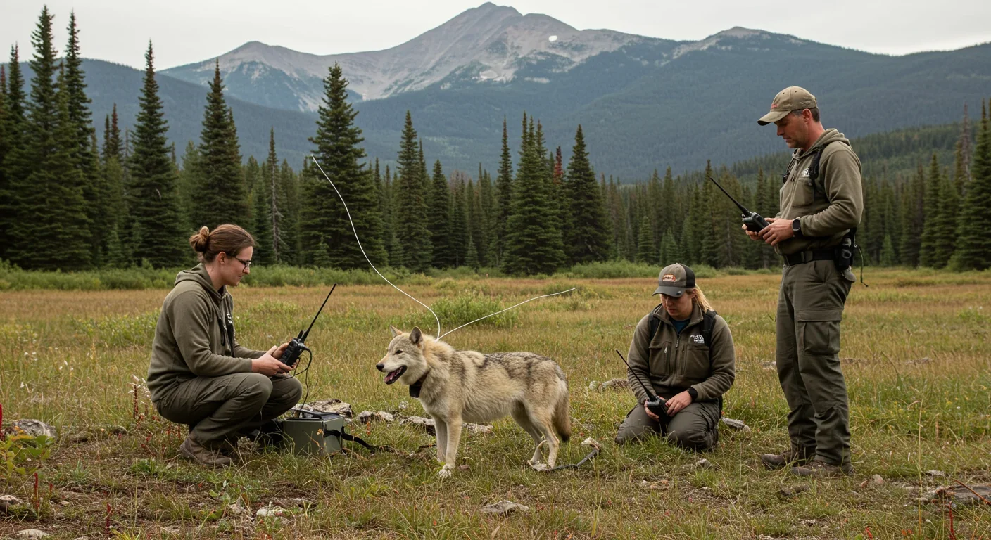 Scientists tracking radio-collared wolves in mountainous rewilding area with forests and meadows