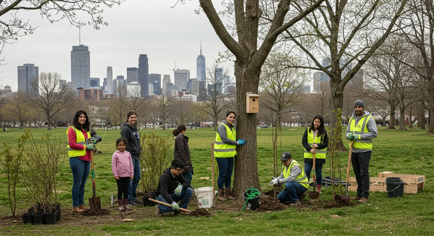 Community volunteers planting native species in urban park with city skyline background