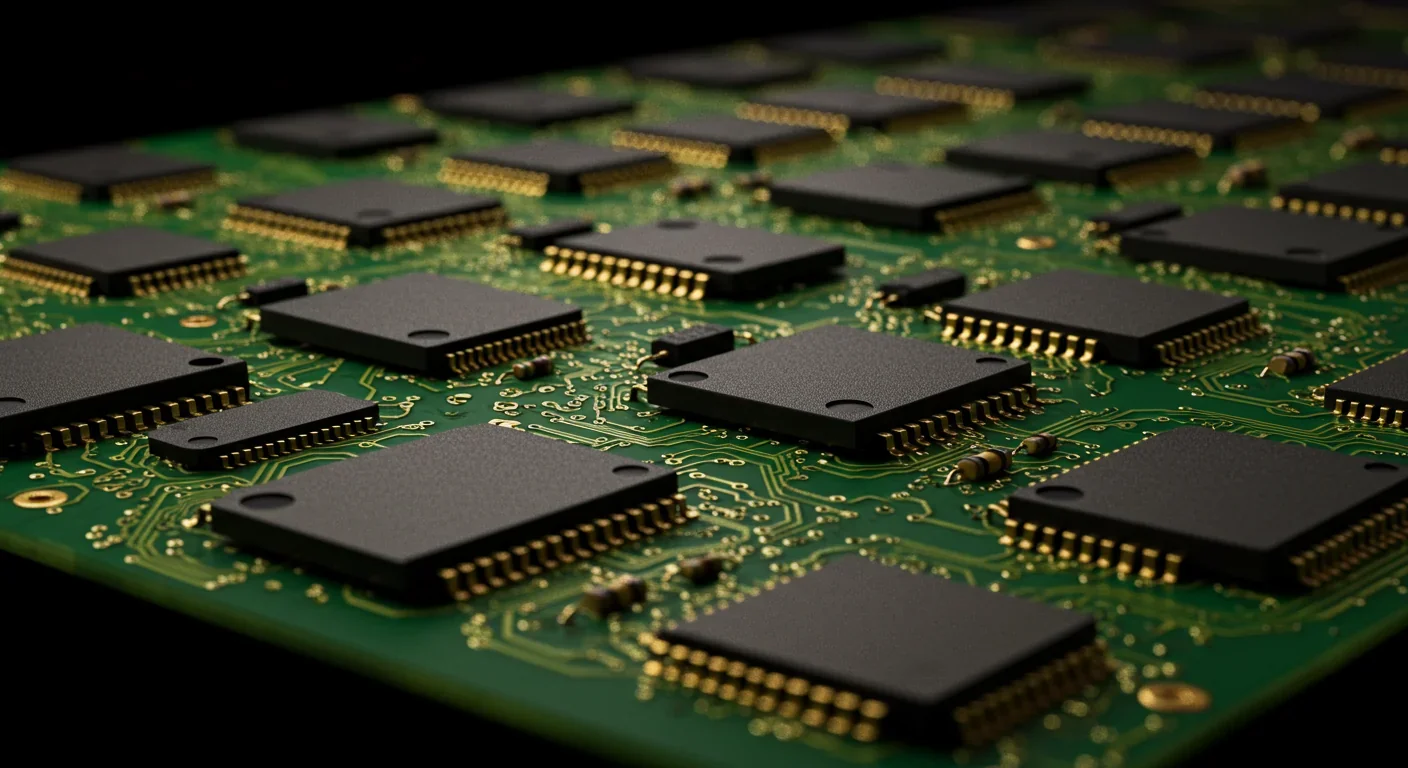 Microprocessor chips on circuit board showing technical architecture
