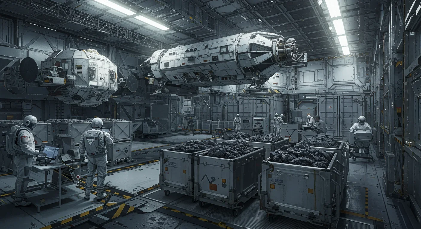 Space station with docked cargo ships containing asteroid materials and astronauts managing orbital mining operations