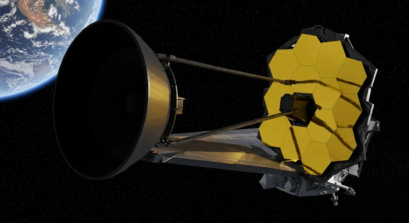 James Webb Space Telescope's golden mirror array in orbit with Earth in background