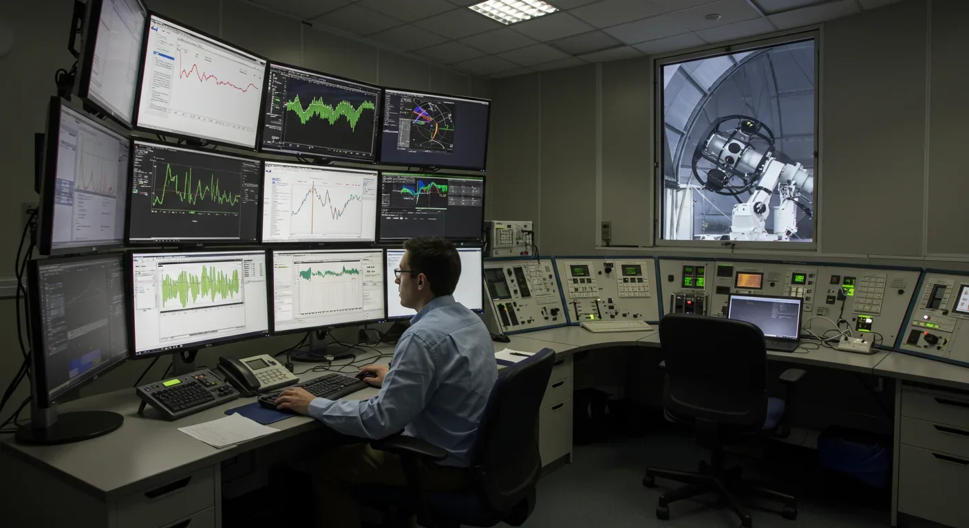 Astronomer analyzing spectroscopic data from rogue planet observations in observatory control room
