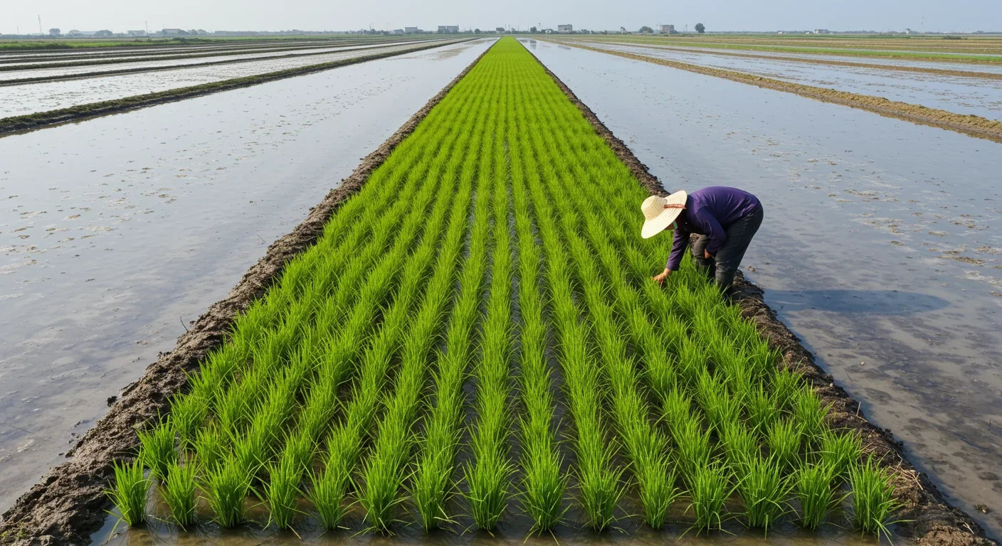 Farmer examining healthy salt-tolerant rice growing in saline coastal paddy with visible salt deposits