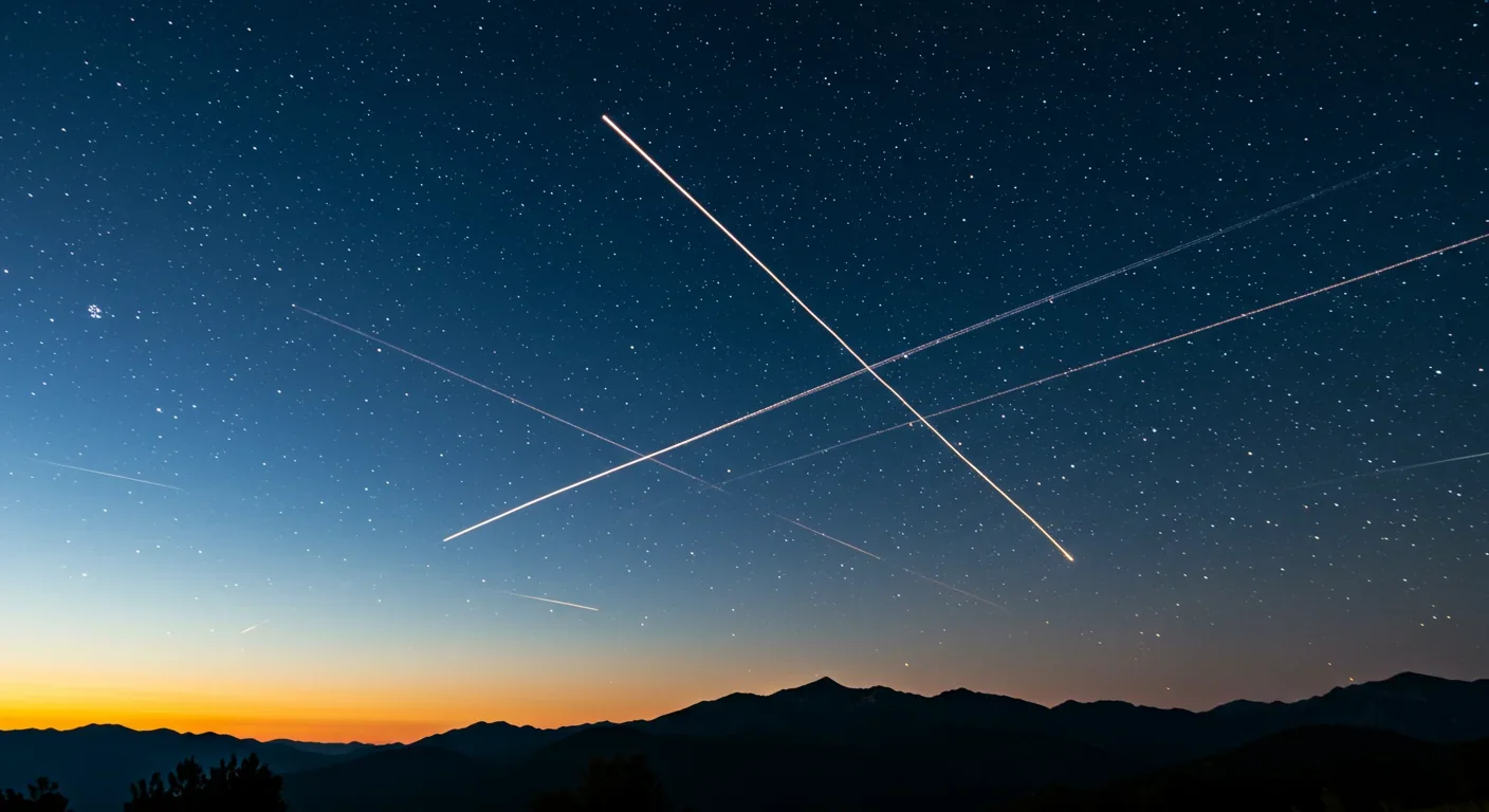 Multiple satellite light trails crossing a star-filled night sky above mountains, illustrating orbital congestion
