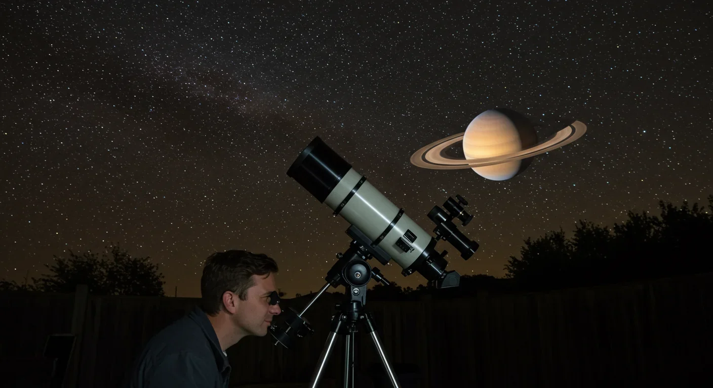 Amateur astronomer viewing Saturn's rings through backyard telescope under starry night sky
