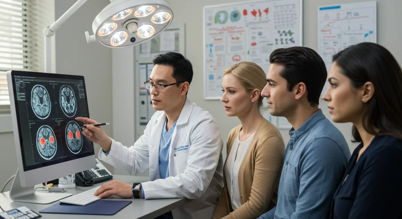 Doctor explaining brain scans showing screen time effects to parents