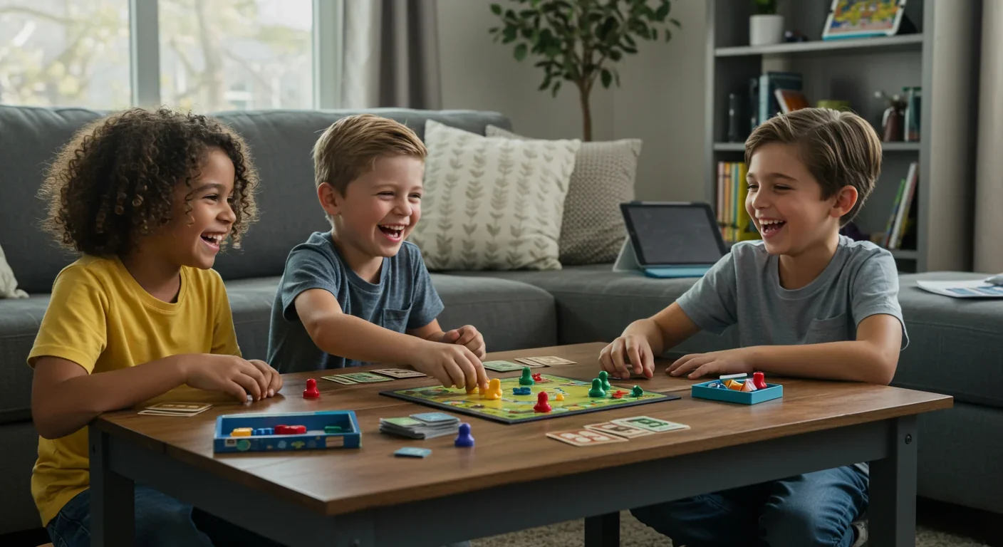 Children happily playing board games with tablets put away in background