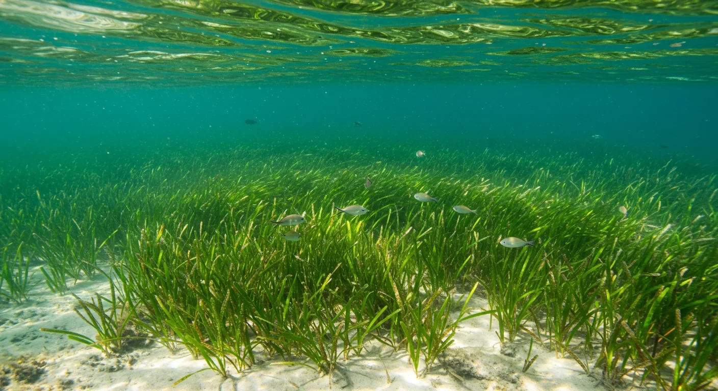 Lush seagrass meadow underwater with sunlight rays and small fish, illustrating natural carbon capture in coastal ecosystems