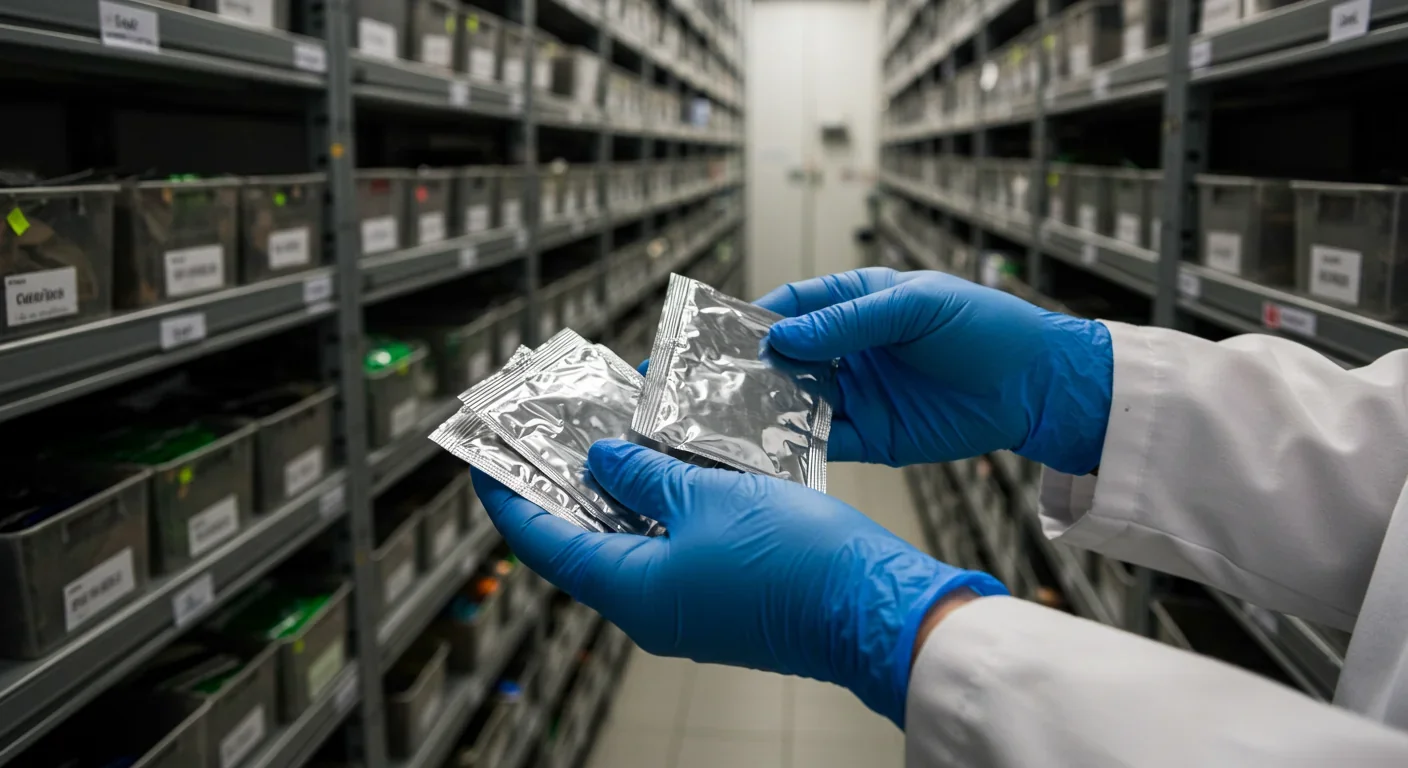 Researcher handling preserved seed packets in cold storage