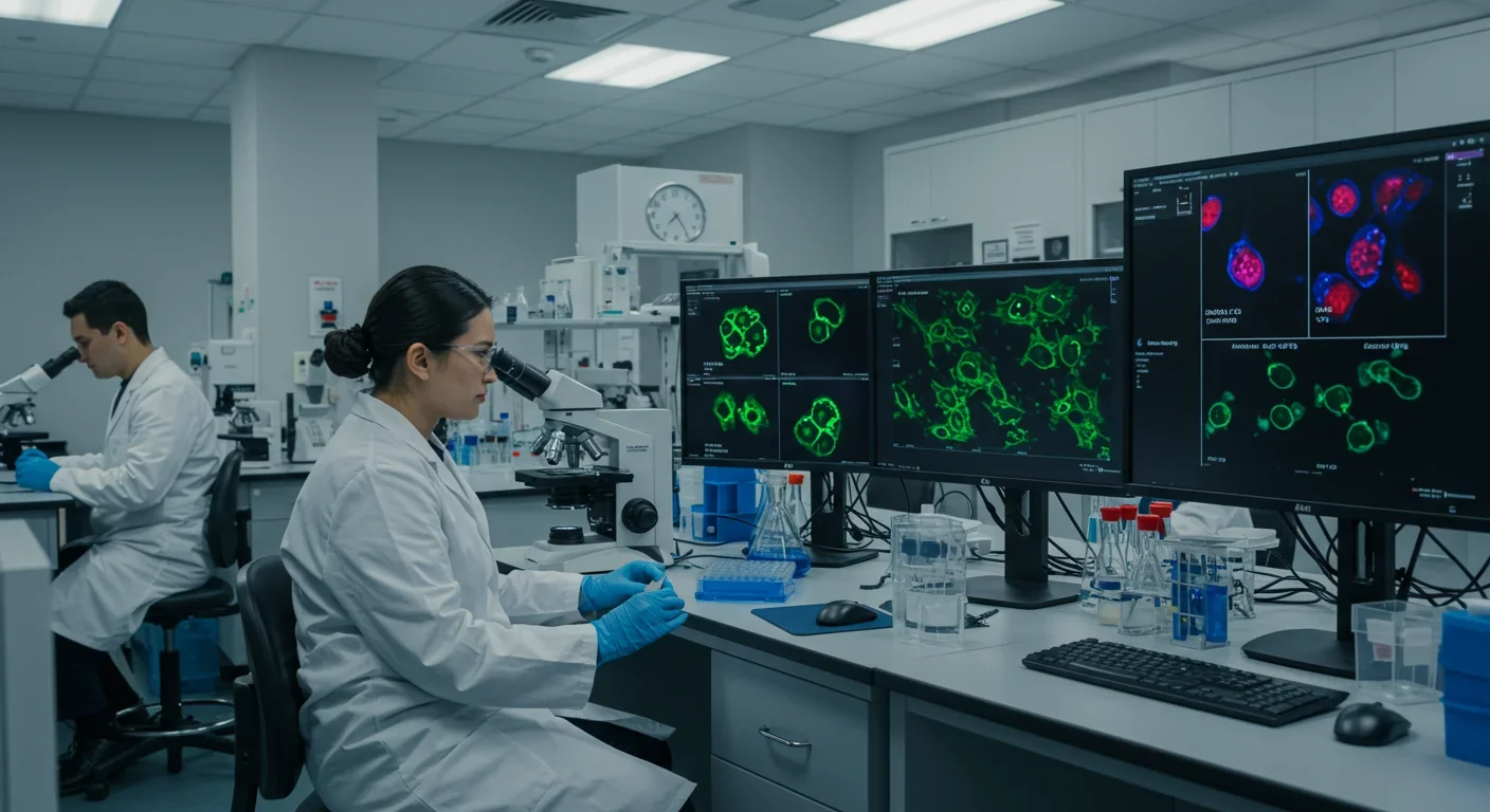 Research scientists examining senescent zombie cells under microscopes in cutting-edge longevity laboratory
