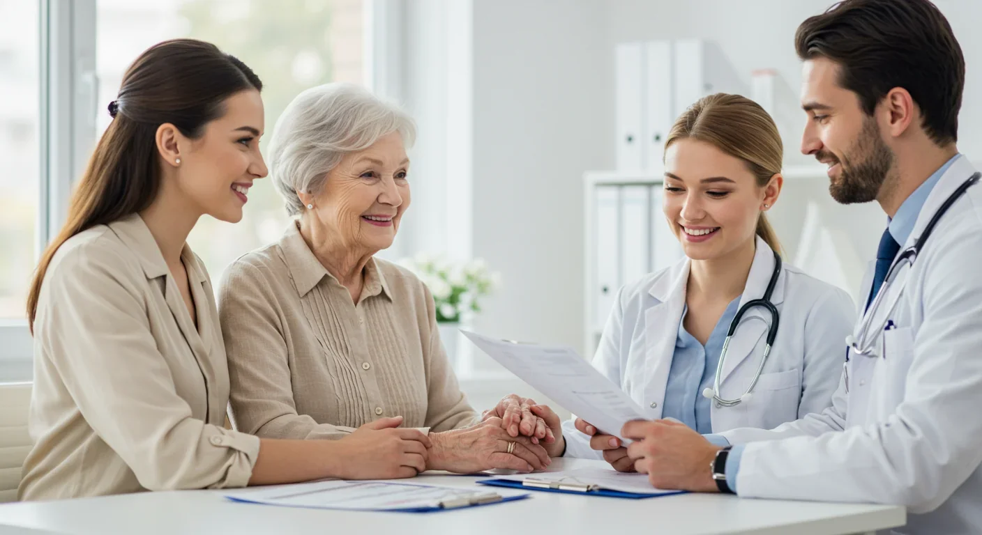 Family discussing senolytic therapy options with physician in modern clinic setting
