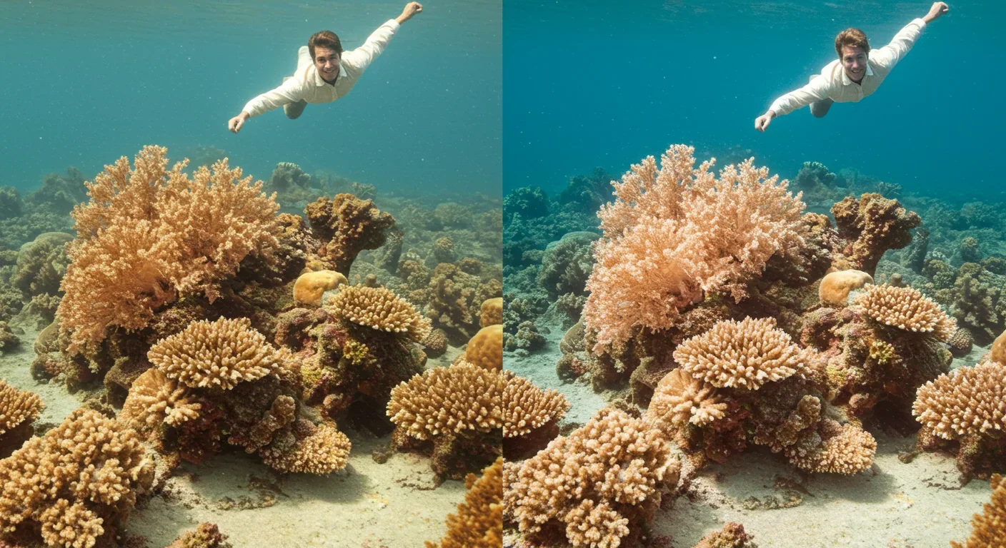 Side-by-side comparison of vibrant 1970s coral reef versus bleached modern reef illustrating shifting baseline syndrome