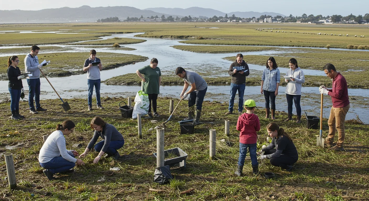 Multi-generational community restoration project with volunteers planting vegetation and collecting environmental data