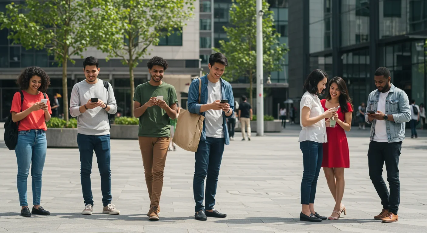 People sharing content on smartphones in public space, illustrating social contagion and peer influence in networks