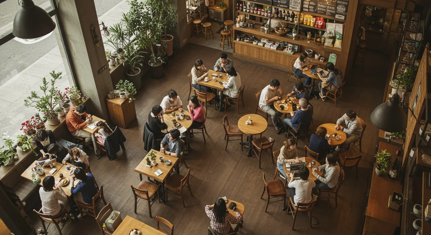 Coffee shop seating clusters showing network topology—dense groups versus isolated individuals