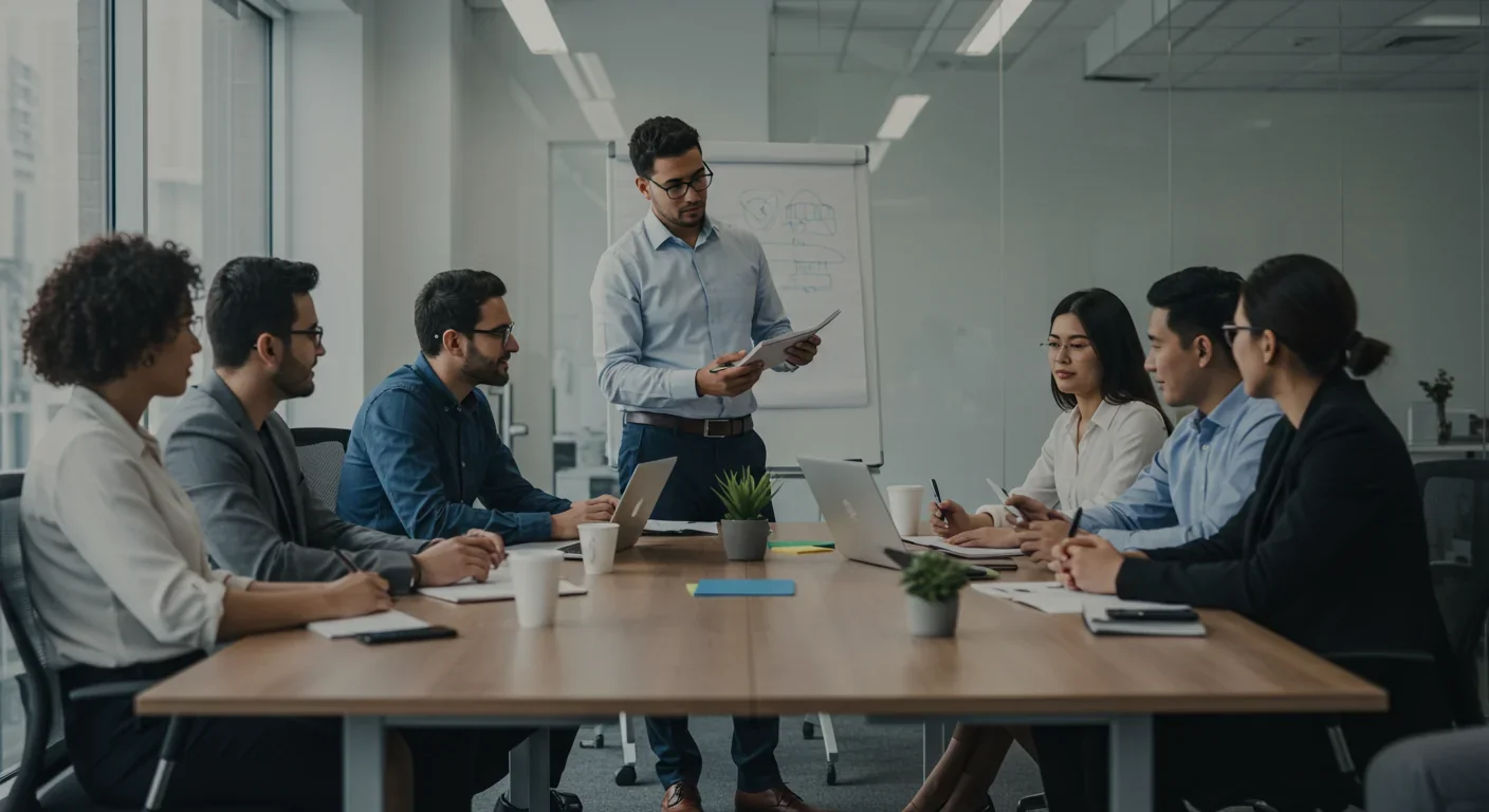 Diverse professionals engaged in collaborative discussion