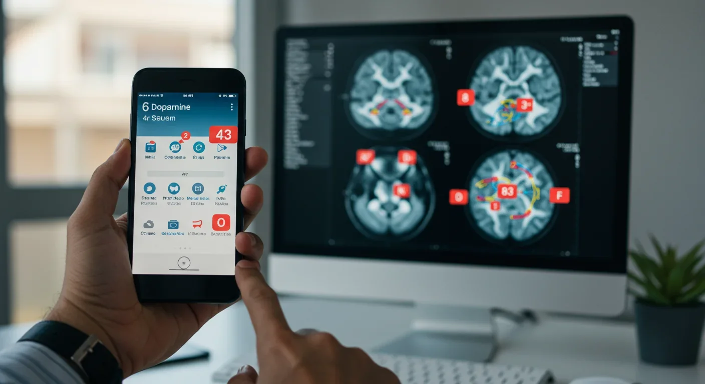 Smartphone notifications with brain scan showing dopamine pathways activated by social media engagement