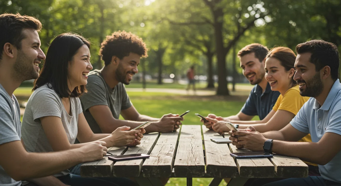 Friends enjoying phone-free conversation in park demonstrating healthy digital boundaries and real connection
