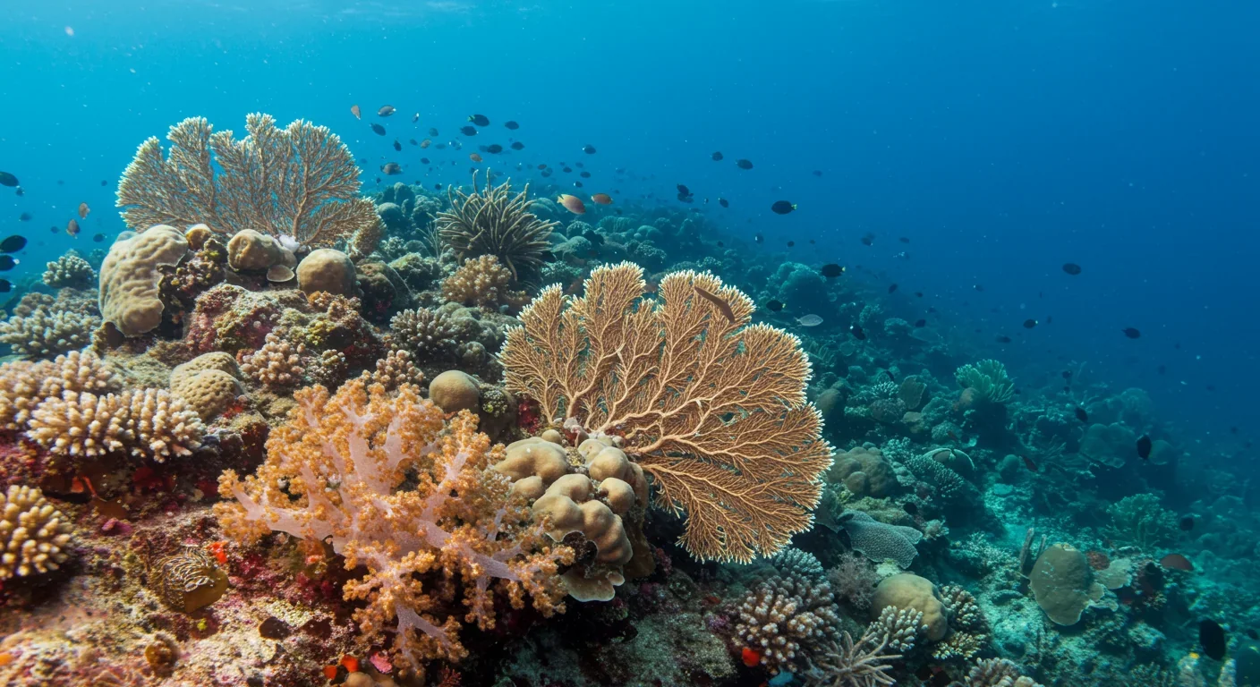 Diverse coral reef showing both hard corals and soft coral sea fans creating habitat for tropical fish