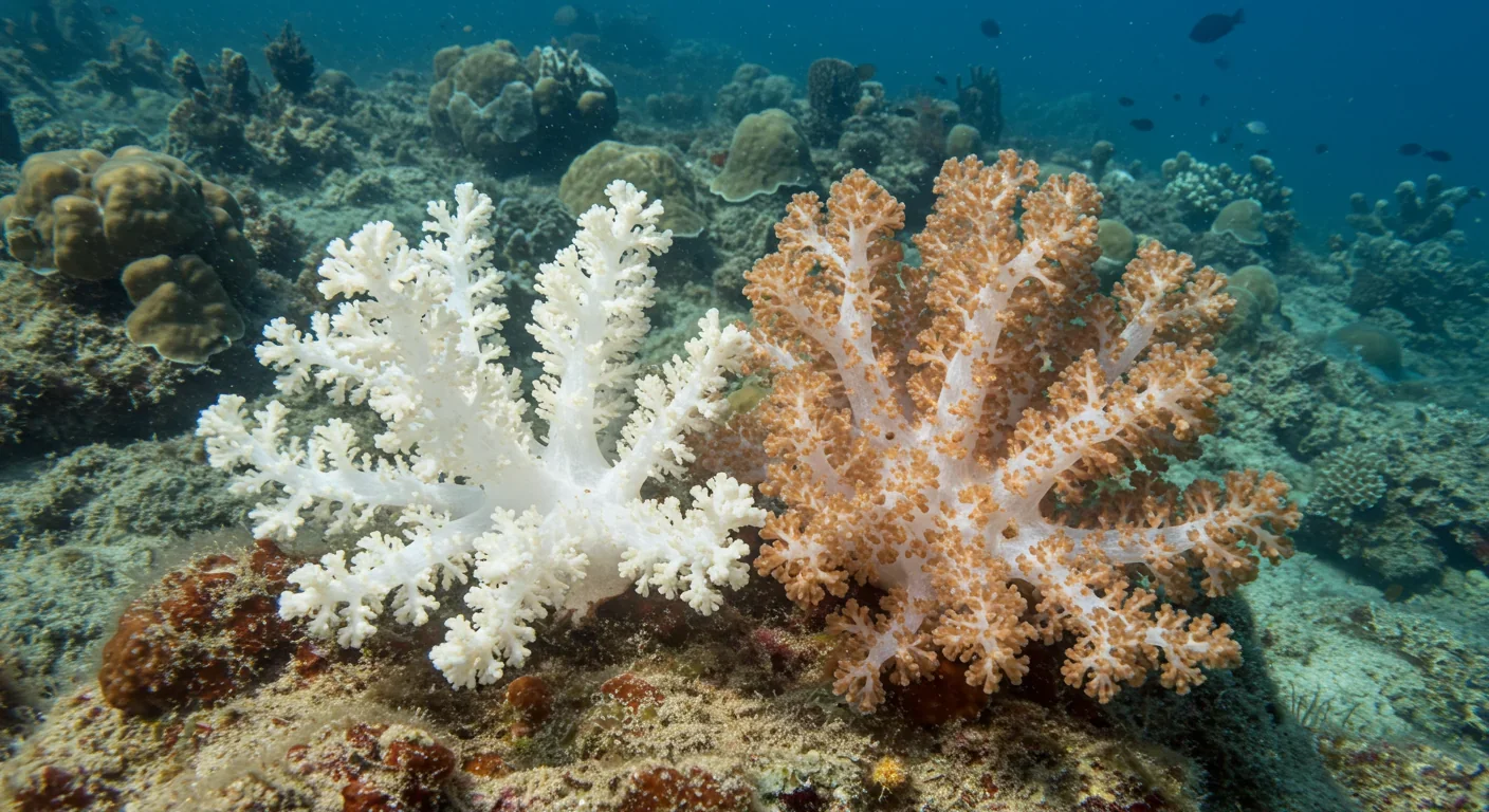 Bleached octocoral colony shown next to healthy coral, illustrating the impact of thermal stress and symbiont loss on soft corals