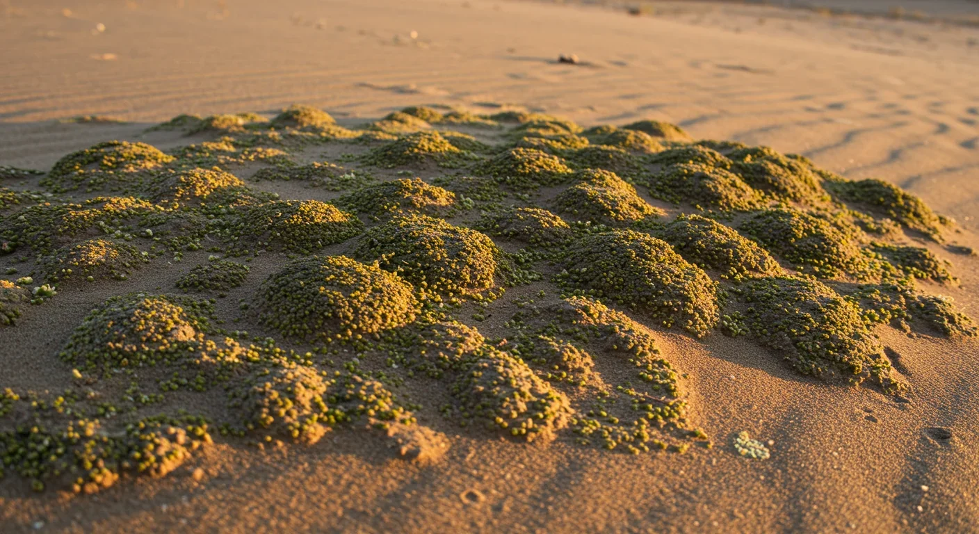 Biological soil crust texture showing cyanobacteria and moss binding desert sand particles