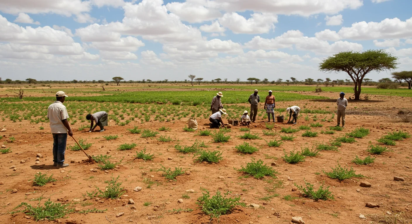 Community members working in restored dryland landscape with healthy vegetation and soil crusts