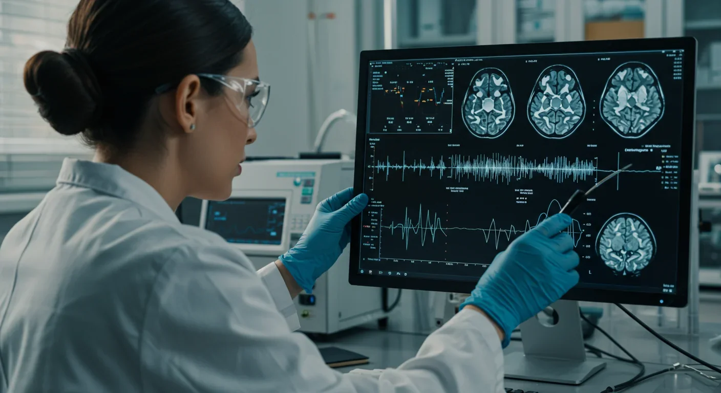 Neuroscientist analyzing 40 Hz gamma brain wave patterns on monitor in clinical research laboratory studying sound therapy for Alzheimer's disease