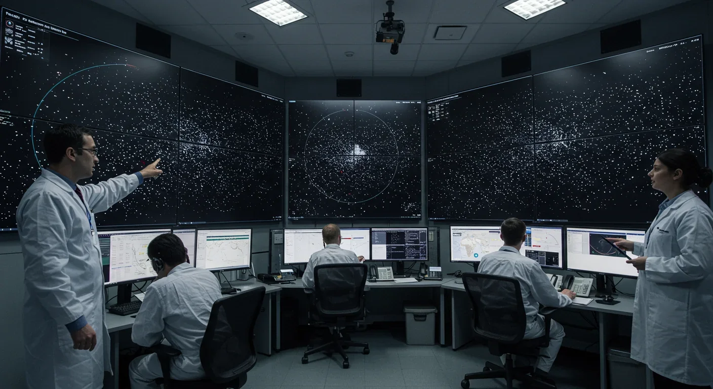 Engineers in a satellite control room monitoring thousands of space debris objects on large screens showing Earth's orbit