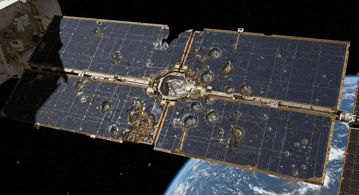 International Space Station solar panel showing multiple impact craters from space debris collisions