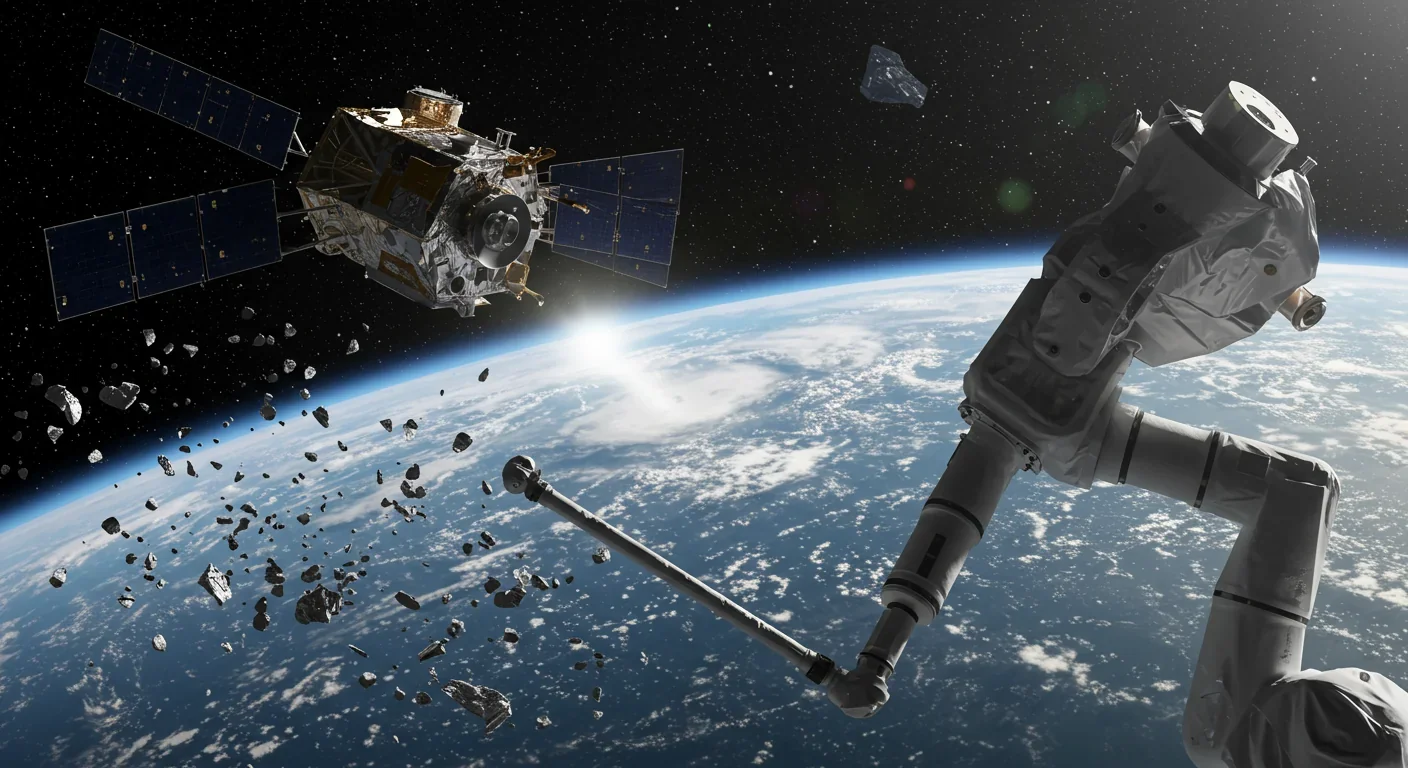 Robotic spacecraft arm preparing to capture defunct satellite for debris removal with Earth in background