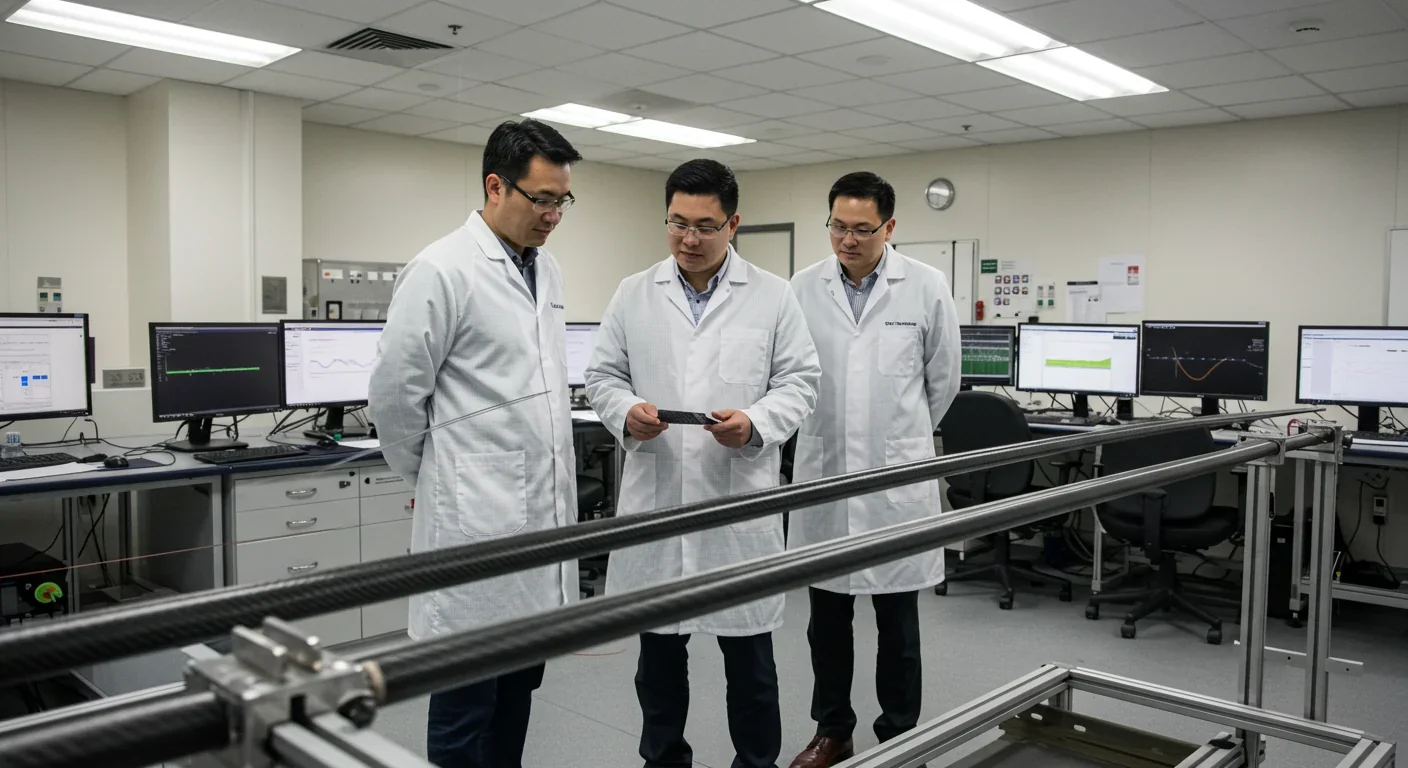 Engineers testing carbon nanotube cable for space elevator in modern laboratory