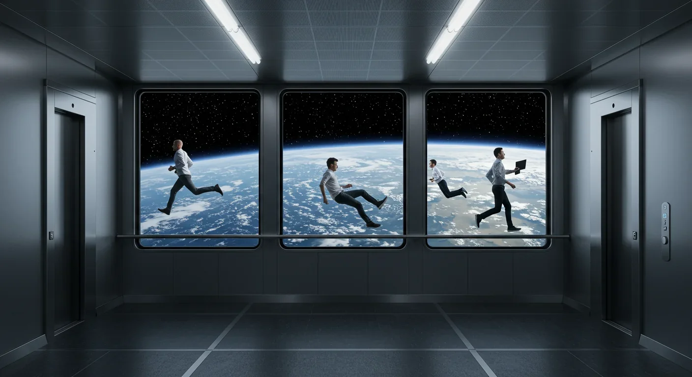 Passengers inside space elevator cabin with Earth visible through windows