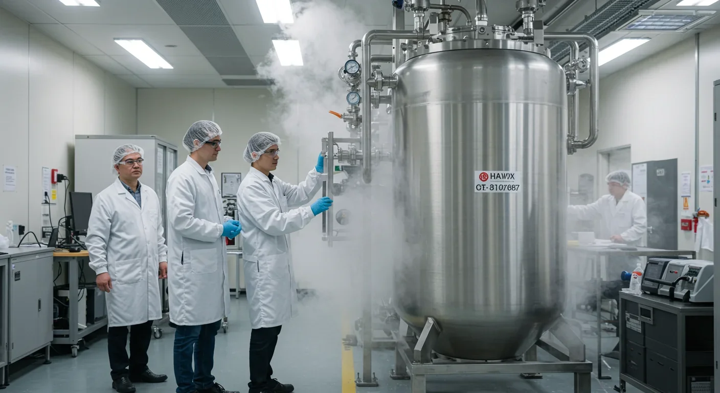 Engineers inspecting a cryogenic hydrogen fuel tank covered in frost for sustainable rocket propulsion