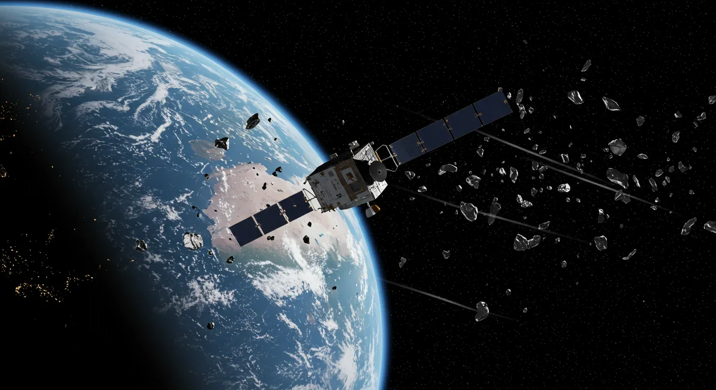 Satellite in orbit surrounded by high-velocity debris fragments with Earth in background