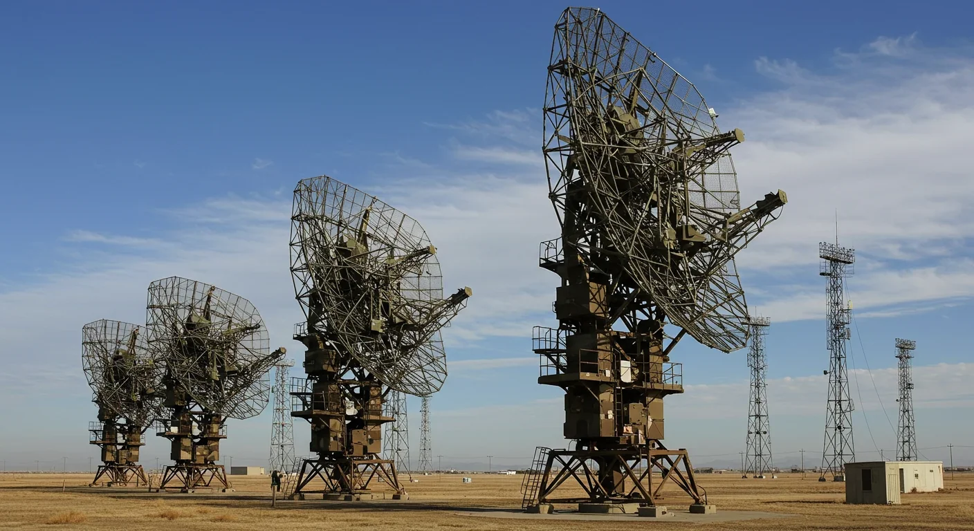 Ground-based radar system tracking satellites and space objects at defense facility