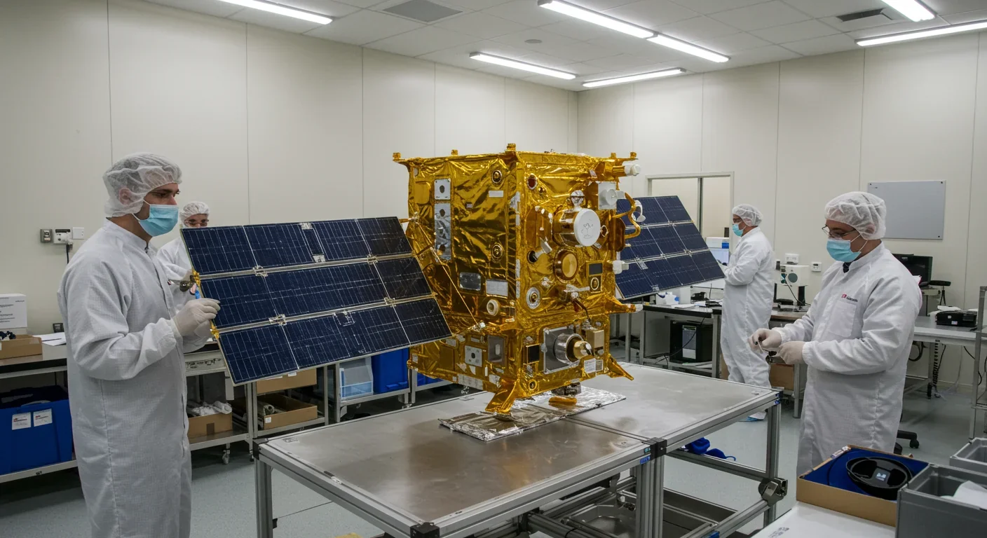 Engineers assembling small satellite in clean room for space defense constellation