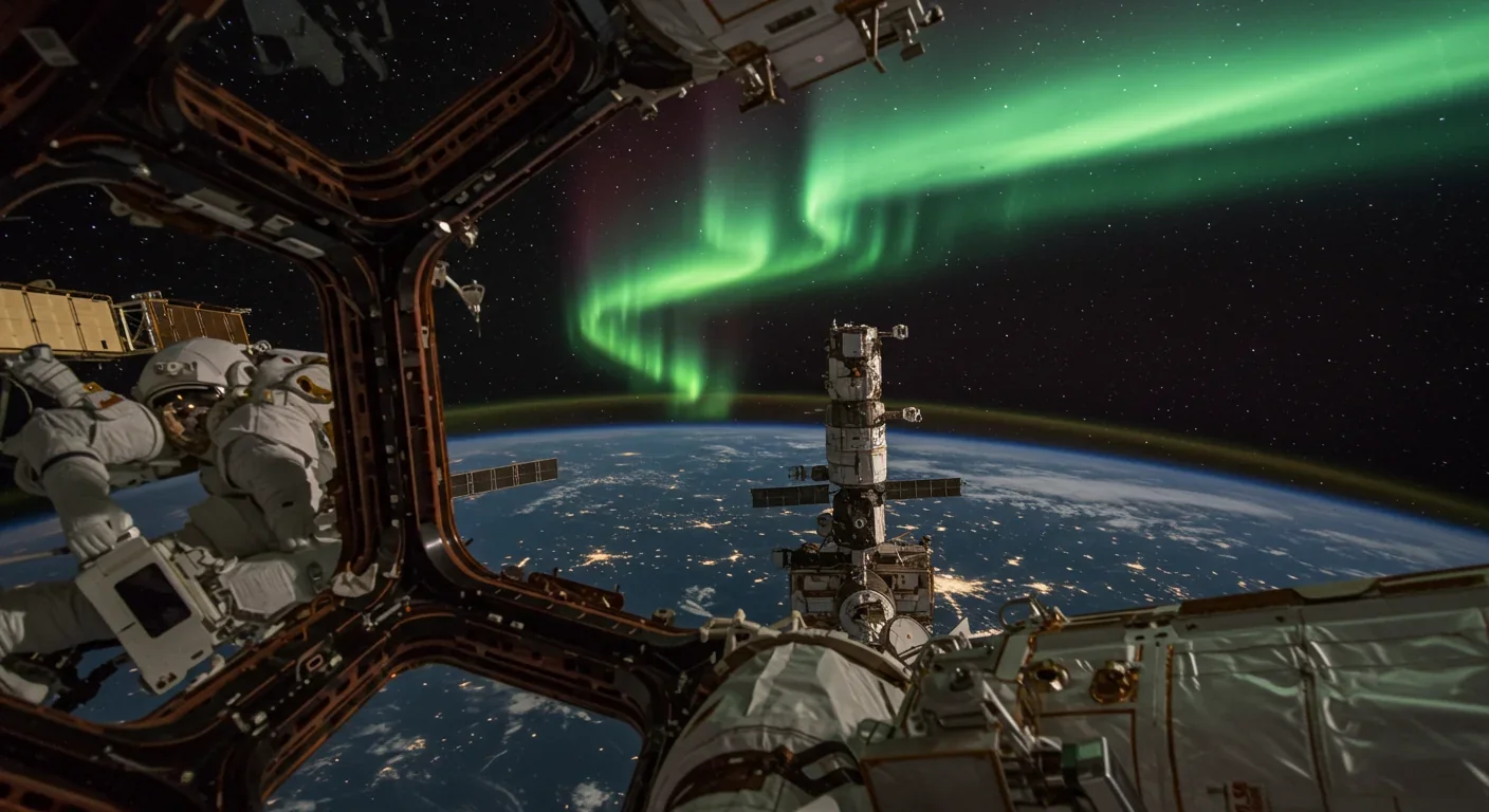 International Space Station orbiting Earth during solar storm with visible aurora lights below