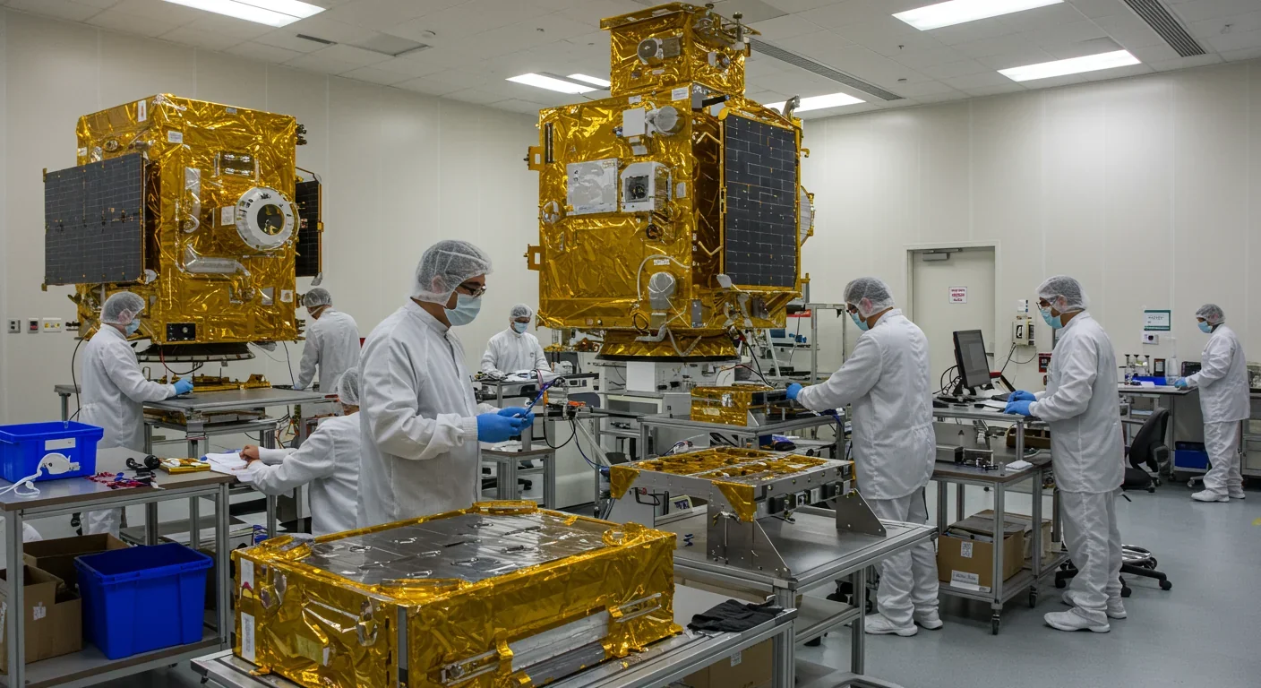 Engineers assembling satellite with radiation-hardened components in aerospace facility clean room