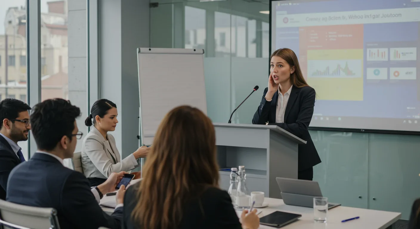 Woman presenting to distracted audience showing spotlight effect in action