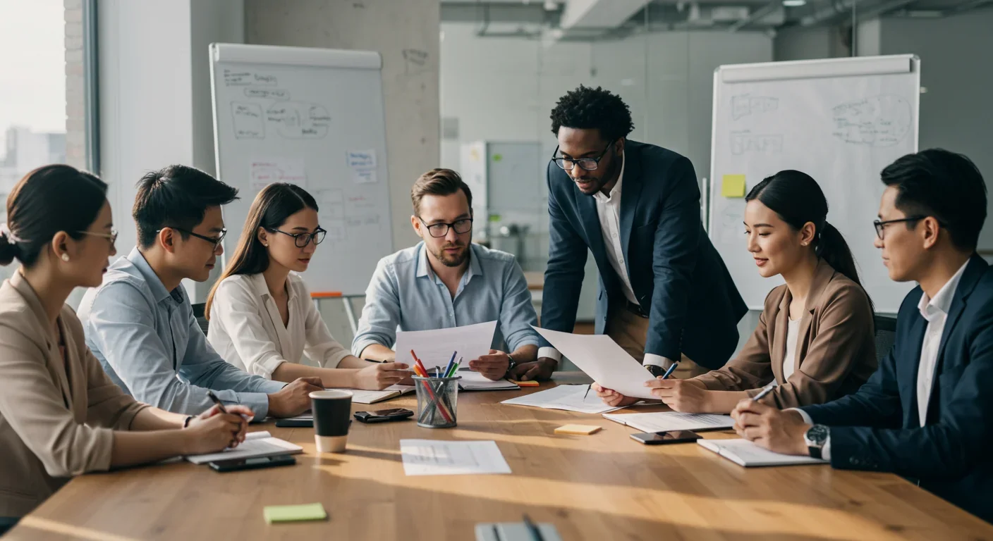 Business team reviewing documents in meeting, representing organizational decision-making
