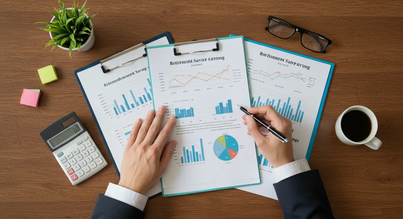 Hands reviewing retirement savings documents and financial charts on desk