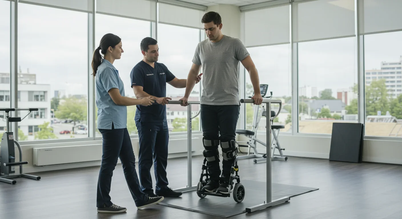 Physical therapist helping spinal cord injury patient practice standing during rehabilitation session in bright therapy gym