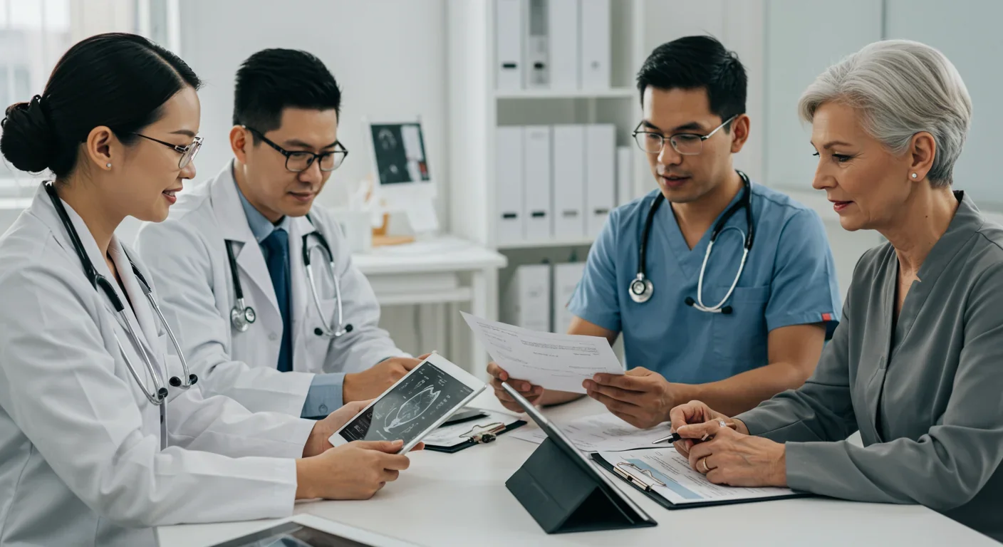 Doctors and patients collaborating in hospital consultation room reviewing stem cell treatment options and medical documentation