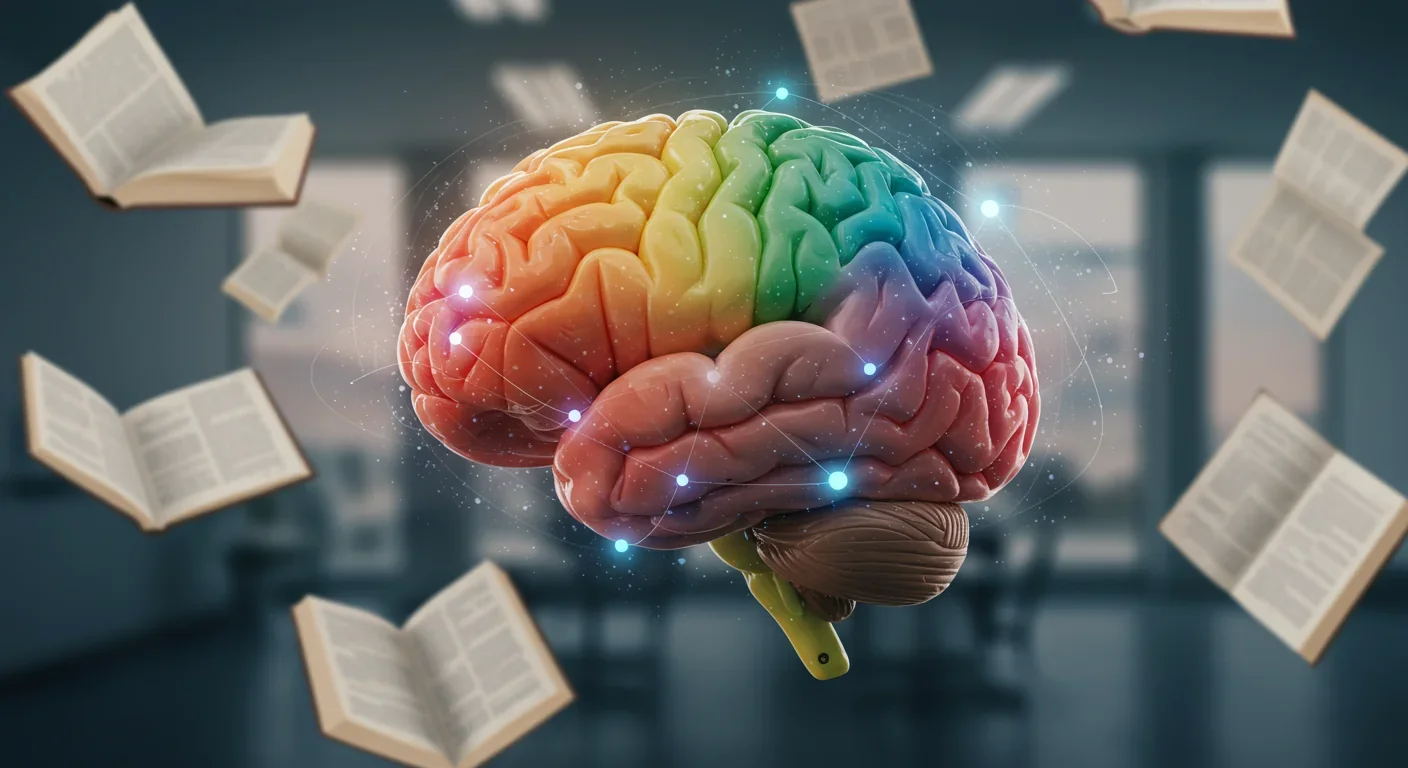 Human brain model with illuminated regions showing active neural pathways during story processing