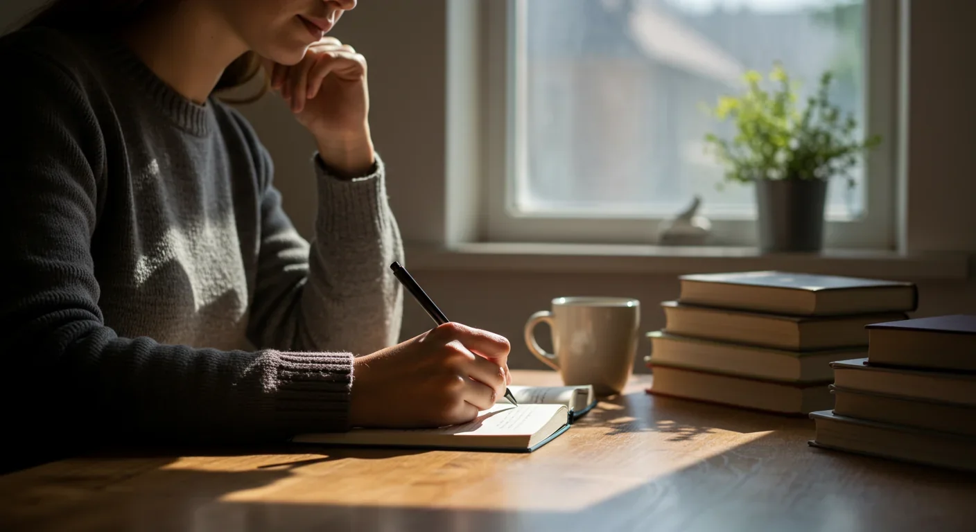 Person writing in journal with morning light, books and coffee nearby in contemplative setting