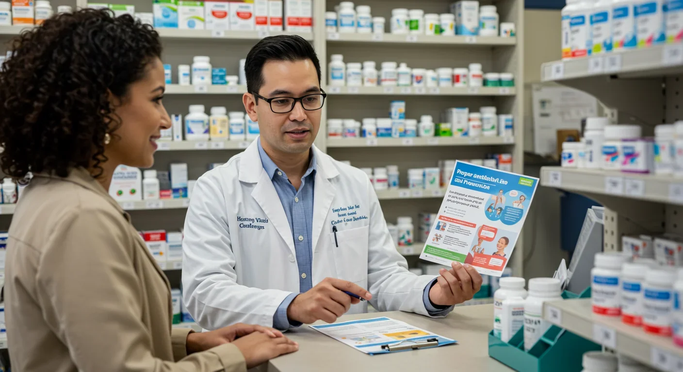 Community pharmacist educating patient about responsible antibiotic use and infection prevention strategies