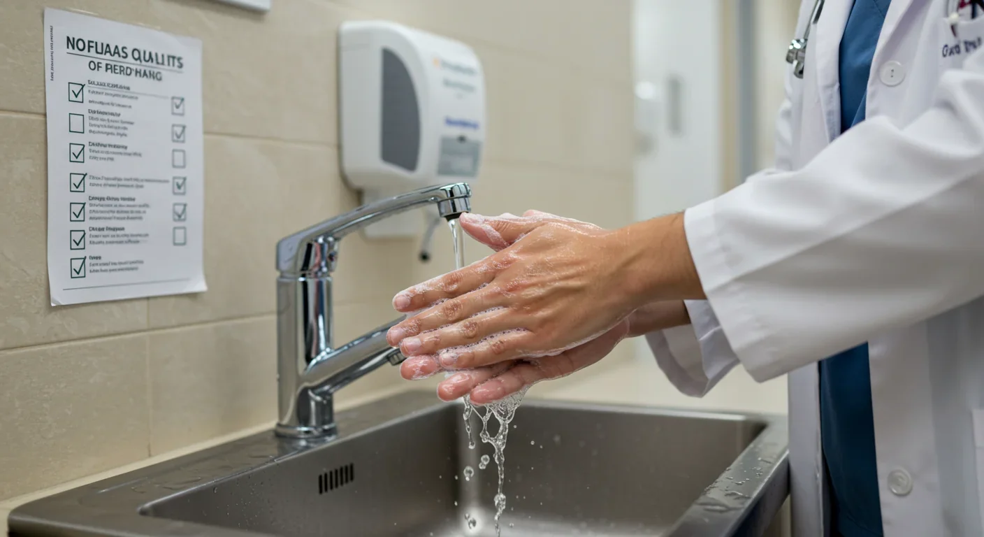 Healthcare professional performing thorough hand hygiene following standardized infection control protocols in hospital setting
