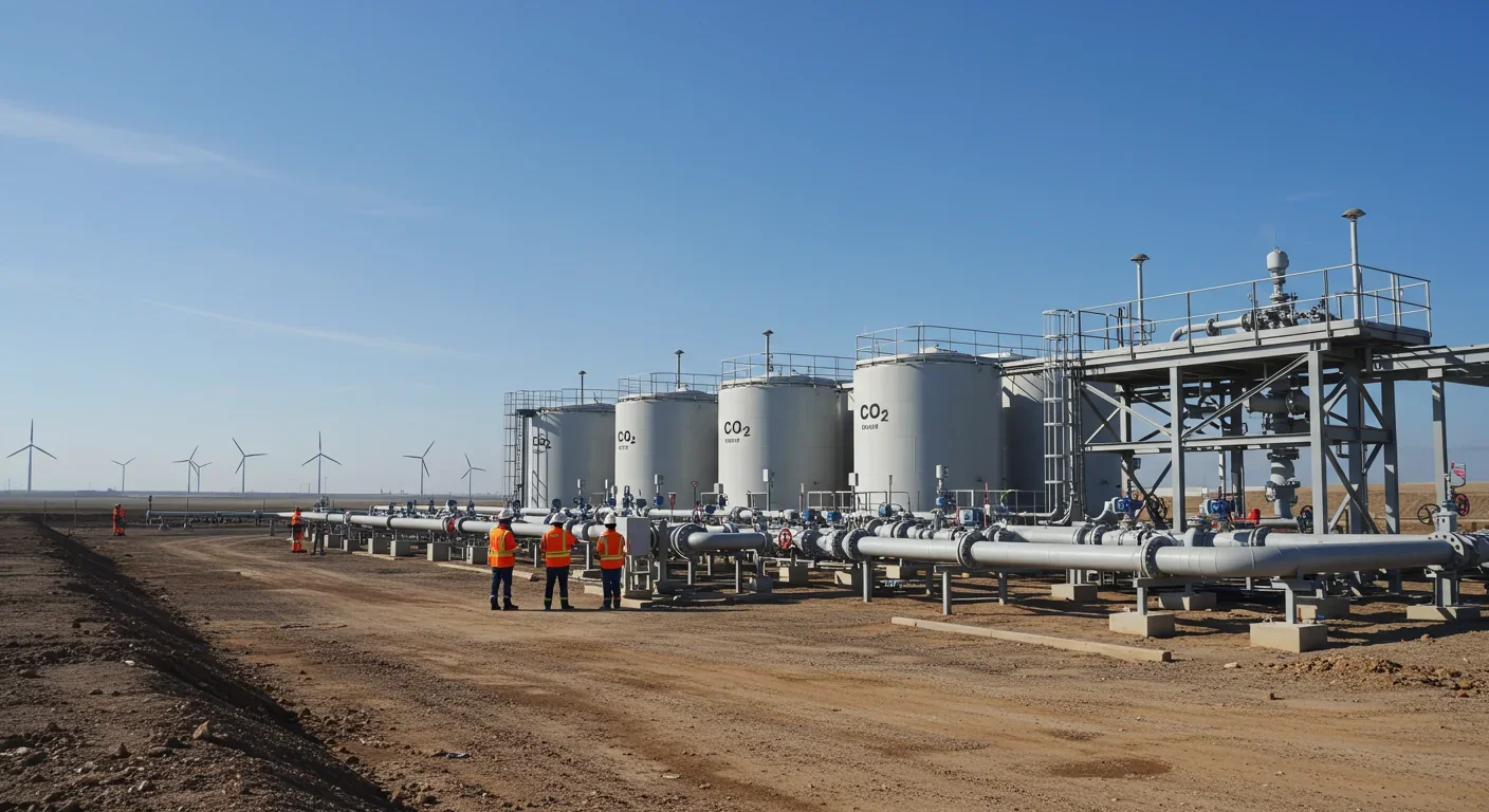 Industrial CO₂ sequestration site with injection wells and monitoring equipment