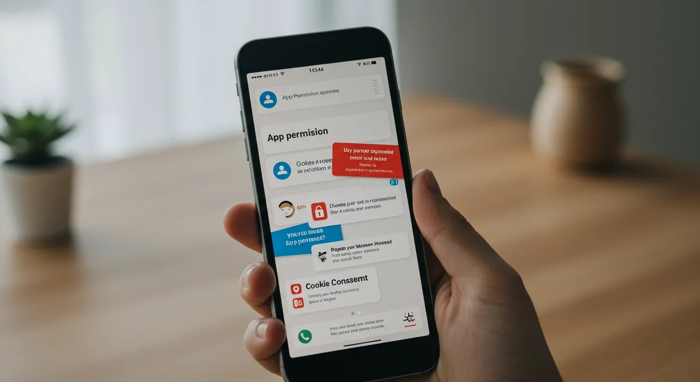 Smartphone displaying app permission requests and privacy consent notifications